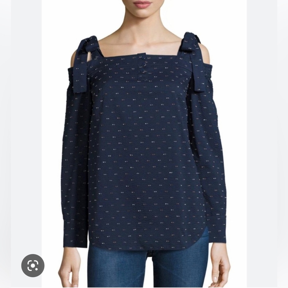 NWT Saloni Maddie Cold Shoulder Clip Dot Blouse in navy size 4